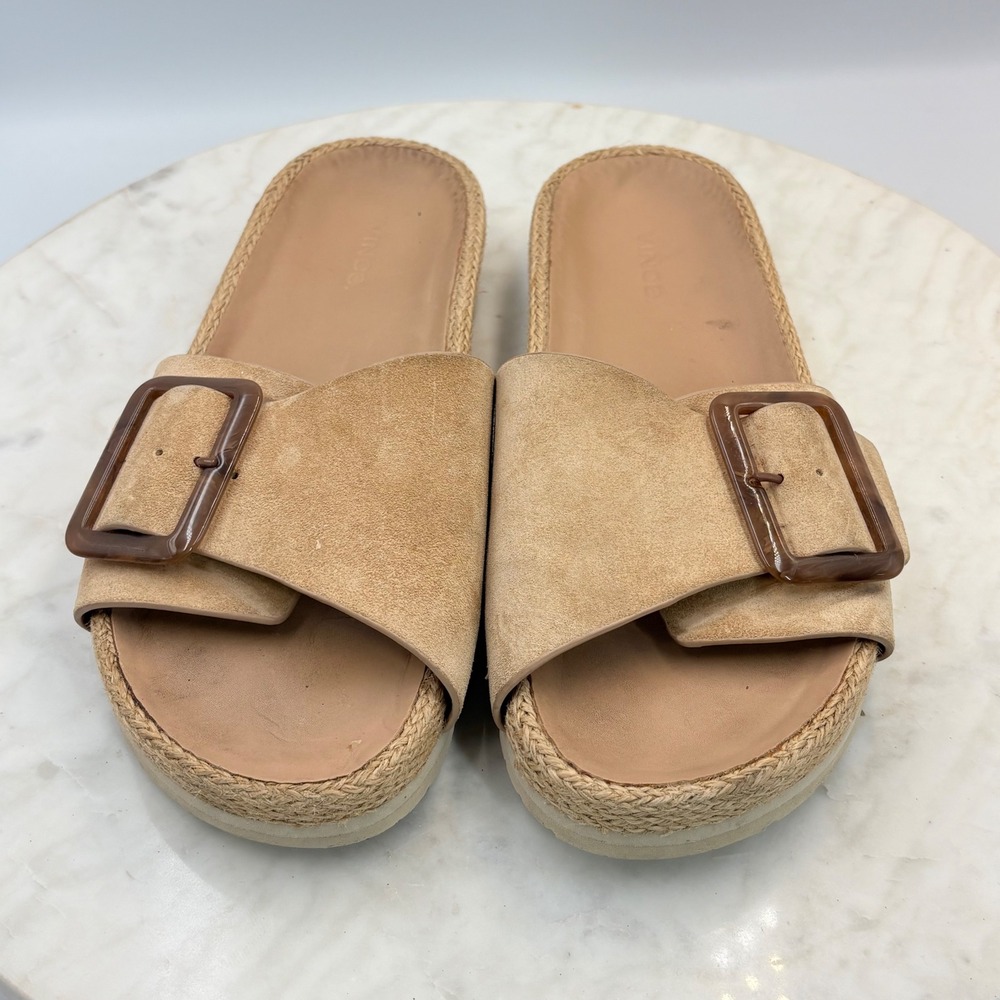 Vince Grant Espadrille Slide Sandal Women 8.5 Tan Suede Tortoise Buckle Platform